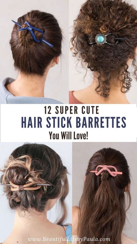 Check out these 12 super cute leather hair barrettes with sticks, along with cute hair stick barrette hairstyles you can easily do in seconds! | easy updos | everyday hairstyles | hair sticks | leather hair clips Hair Barrettes Hairstyles, Barrette Hairstyles, Leather Hair Clips, Leather Hair Accessories, Beautiful Gray Hair, Natural Hair Care Tips, Gray Hair Cuts, Hippie Hair, Silver Hair Color