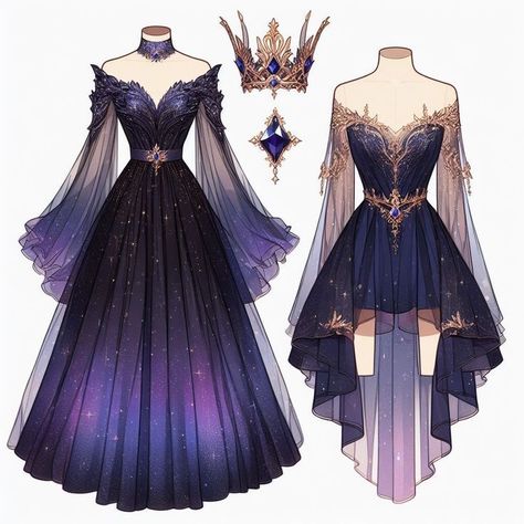 Fantasy Princess Outfit Art, Galaxy Outfits Drawing, Fantasy Dress Drawing Outfit Ideas, Space Fantasy Outfit, Galaxy Dress Drawing, Fantasy Dresses Drawing, Fantasy Dress Design Art, Manhwa Princess Dress, Fantasy Aesthetic Outfits