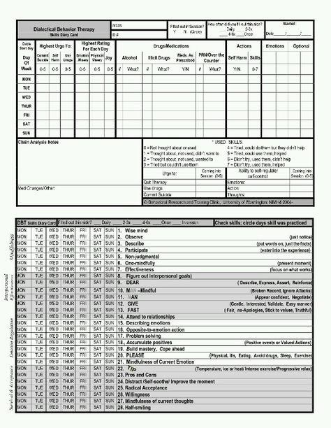 DBT Diary Card Dbt Diary Card, Dbt Activities, Behaviour Therapy, Dbt Therapy, Counseling Worksheets, Abnormal Psychology, Dbt Skills, Behavior Therapy, Inner Health