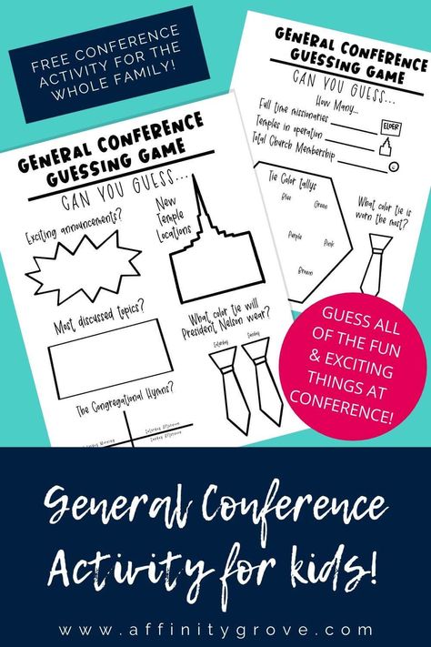 Great General Conference Activities for kids for April 2020 Conference! Use this LDS Activity for youth and kids to guess ties colors, and announcements. This printable is a great idea to get kids to listen. Can be used with primary aged kids, youth, and adult, or create a fun family competition! This free printable is a great part of your General Conference packets, and coloring pages! Create a new General Conference tradition of guessing all about Conference #generalconference #LDS #april2020 Primary Conference Packets, Free Printable Conference Packets, Lds Primary Conference Activities, Primary General Conference Packet, Lds Conference Packets Free Printable, Primary General Conference Packet 2023, General Conference Printables Free, Lds Conference Activities Kids, Lds Conference Activities