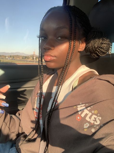 Space Buns On Braids, Box Braid Space Buns, Box Braids Space Buns, Space Buns Box Braids, Space Bun Braids, Dark Skin Braids, Space Buns Braids, Braids Space Buns, Space Buns With Braids