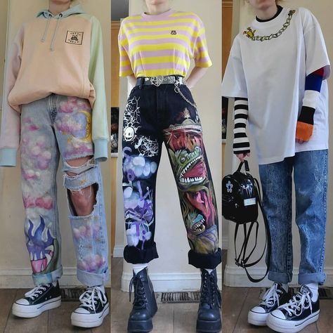 Colorful Punk Fashion, Colorful Punk Outfits, Outfits Rock, Gamer Fashion, Painted Clothes Diy, Colorful Clothing, Interesting Outfits, Fancy Frocks, Pin Up Outfits