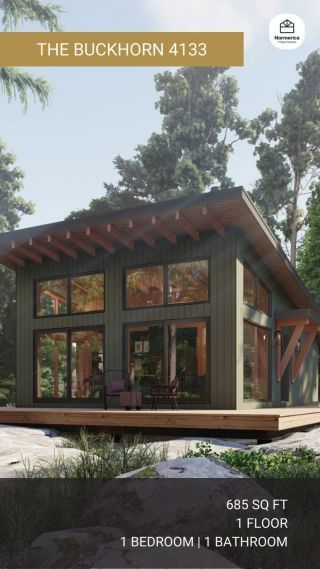 Timber Frame Cottage Designs Plans | The Bayfield 3945 | Normerica Tiny House Slanted Roof, Normerica Homes, Simple Timber Frame Homes, Modern Shed Roof House, Modern Simple House, Timber Frame Cabin Plans, Shed Roof Cabin, Adu Designs, Timber Frame House Plans