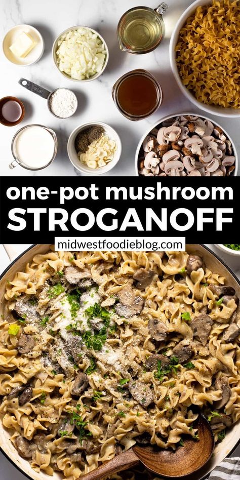 This 20-minute one-pot vegetarian stroganoff is a quick and easy meatless meal that your family will love! Perfectly al dente egg noodles are coated in a creamy mushroom stroganoff sauce - and the best part is it all cooks together in one pot! Vegetarian Stroganoff, Stroganoff Sauce, One Pot Vegetarian, Meatless Meal, Mushroom Stroganoff, Easy Vegetarian Dinner, Stroganoff Recipe, Sauteed Veggies, Vegetarian Dinners