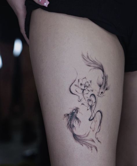 Koi Pond Tattoo, Koi Fish And Dragon Tattoo, Koi Fish And Flower Tattoo, Two Fish Tattoo, Satosugu Tattoo, Back Tattoos Ideas, Water Lily Tattoos, Random Tattoos, Tattoos Forearm