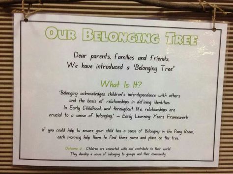 Belonging tree Eylf Belonging Ideas, Belonging Tree Childcare Display, Qip Displays, Belonging Tree, Classroom Family Tree, Early Childhood Education Curriculum, Emergent Curriculum, Aboriginal Education, Reggio Inspired Classrooms