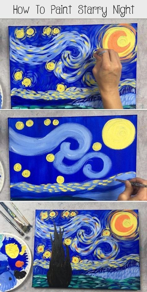 Paint Starry Night, Starry Night Tattoo, Starry Night Art, Starry Night Painting, Arte Van Gogh, Learn How To Paint, Elementary Art Projects, Van Gogh Art, Homeschool Art