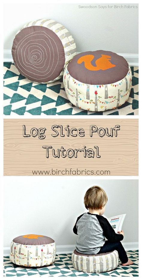 Log Slice Pouf Tutorial for Birch Fabrics - free squirrel applique file & pillow tutorial! Perfect pillow to sew for a kid's reading nook or nursery. Faux bois embroidery is so popular, make some log slice  pillows for your play room! #sewingtutorial #embroidery Log Slice, Pillow Tutorial, Sew Ins, Beginner Sewing Projects Easy, Sewing Pillows, Sewing Projects For Kids, Baby Diy, Sewing Projects For Beginners, Easy Sewing Projects