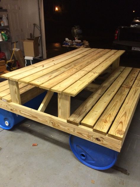 Build an awesome floating picnic table | Your Projects@OBN Floating Picnic Table, Picnic Boat, Pontoon Boat Furniture, Raft Building, Floating Raft, Resort Ideas, Diy Picnic Table, Party Barge, Picnic Table Plans