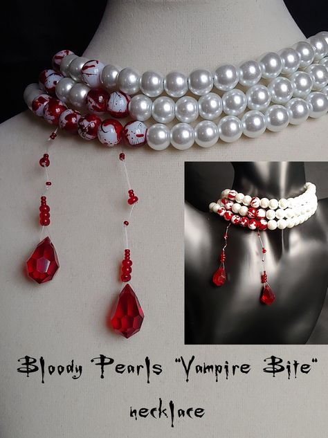 Bloodwork Jewelry, Red And White Jewelry, Vampire Bite Necklace, Blood Jewelry Diy, Vampire Glasses, Red Black And White Aesthetic, Blood Jewelry, Vampire Bite, Vampire Jewelry