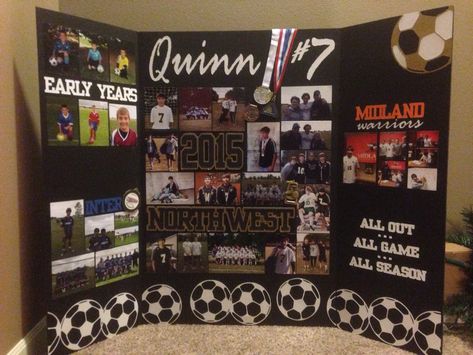 I made this Tri-fold board for a soccer HS senior night banquet. Pictures of early yrs, club, HS and signing day to play at the next level. Turned out great! Graduation Memory Board, Soccer Senior Night Posters, Graduation Picture Boards, College Signing Day, Trifold Board, Poster Board Ideas, Tri Fold Poster, Soccer Senior Night, Volleyball Senior Night