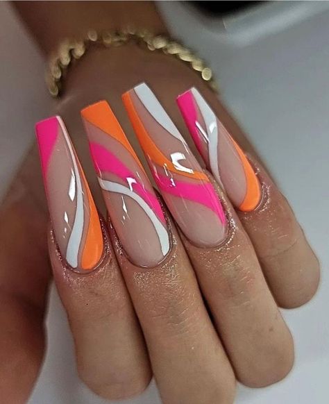 Neon Orange And White Nails Acrylic, Neon Orange Acrylic Nails Designs, Neon Orange Design Nails, Neon Pink And Orange Nails Art Designs, Orange And Pink Nail Designs, Fire Nails Designs, Pink And Orange Abstract Nails, Stunning Nails, Best Nail Art