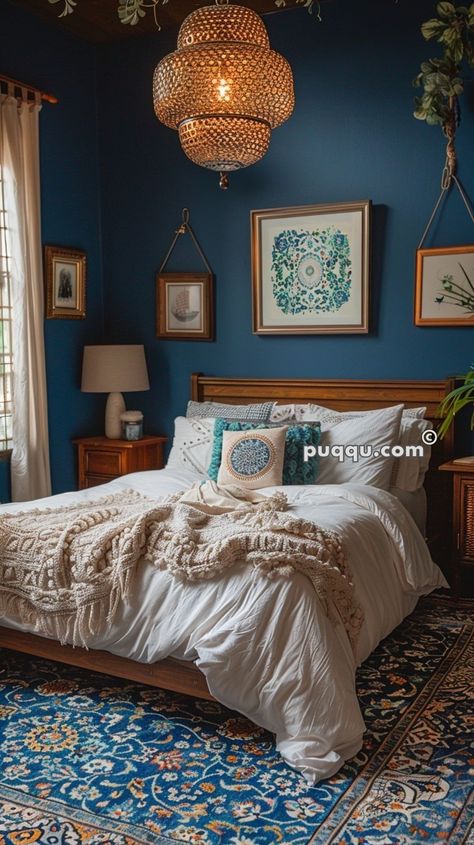 Cozy Mid Century Modern Living Room, Bedroom Built Ins, Blue Bedroom Walls, Navy Blue Bedrooms, Sage Green Bedroom, Blue Bedroom Decor, Apartment Bedroom Decor, Bedroom Walls, Mid Century Modern Living Room