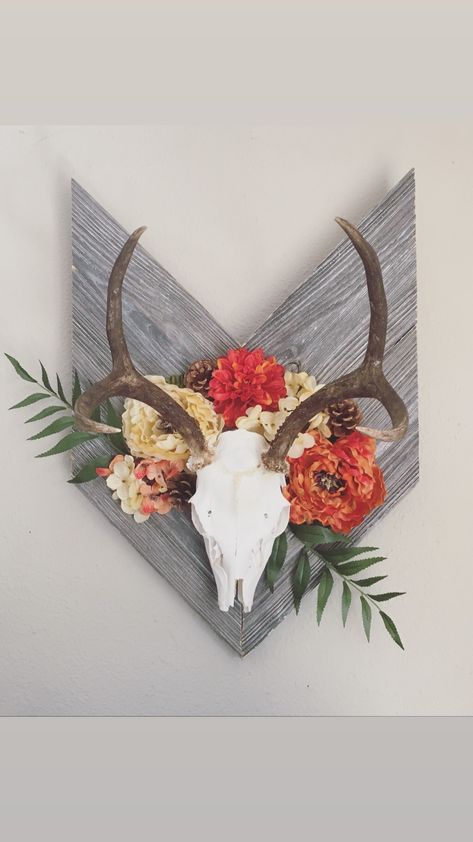 Deer Skull Mount Decor, How To Decorate Deer Skull, Deer Skull Above Bed, Chic Deer Mount Decor, Decorate Deer Skull, Flower Deer Skull, Mounted Deer Antlers, Decorating With Deer Skulls, European Mount With Flowers