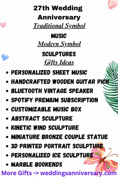 Deciding between traditional and modern gifts for your 27th anniversary? From wooden keepsakes that symbolize strength and growth to contemporary gadgets that cater to their hobbies, this guide covers it all. Choose a gift that aligns with your partner's tastes while honoring the tradition of your love. #WeddingAnniversaryGiftForHim #AnniversaryGiftsPaper #YearWeddingAnniversaryIdeas 27th Wedding Anniversary, Wooden Music Stand, 27th Anniversary, Jet Stone, Vintage Speakers, Music Journal, Wind Sculptures, Just Music, Modern Gifts