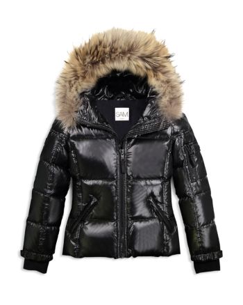 Sam. Girls' Blake Fur-Trimmed Down Jacket - Big Kid - Jet Pink Puffer Jacket, Girls Fur, Silver Jacket, Cute Coats, Puffy Coat, Black Puffer Jacket, Down Puffer Coat, Goose Feathers, Black Puffer