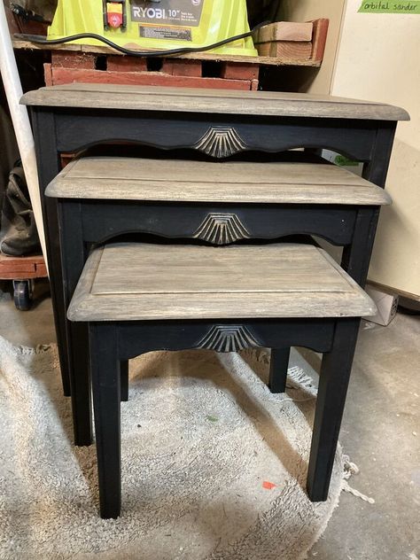 These nesting tables were given to us to update. We went back and for about what color should we paint them and should we distress them. In the end, it was one of the few pieces of furniture that we didn’t distress. They started off a very dark green base and the top was basically natural. The top did have a gloss to it and was very unappealing. There are actually 3 tables. Not sure where the small table was. Probably being painted. The pieces were given a good sanding. The bottom Painted Nesting Tables Ideas, Nesting Tables Makeover, Table Renovation, Painted Nesting Tables, Candle Holder Makeover, Coffee Table Upcycle, Diy Tufted Headboard, Suitcase Table, End Table Makeover