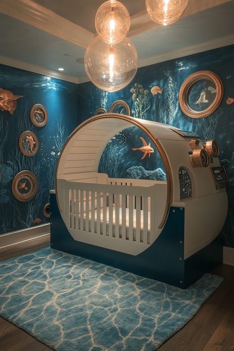 29 Ocean Nursery Ideas to Bring Underwater Magic to Your Baby’s Space 25 Submarine Nursery, Ocean Nursery Ideas, Small World Nursery, Underwater Nursery, Soothing Nursery, Nursery Room Decor Ideas, Future Marine, Turtle Sanctuary, Explorer Nursery