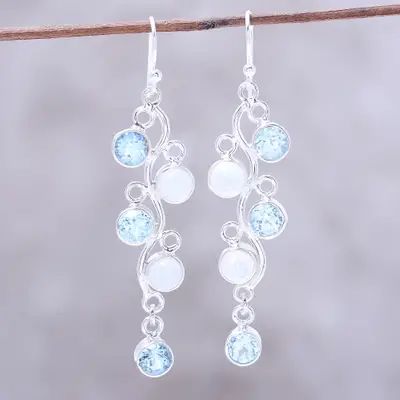 UNICEF Market | Blue Topaz and Rainbow Moonstone Earrings from India - Morning Climber Blue Topaz Pendant Necklace, Turquoise Stud Earrings, Rose Gold Crystal, Blue Topaz Pendant, Lace Jewelry, Topaz Color, Moonstone Earrings, Floral Vine, Fancy Jewelry