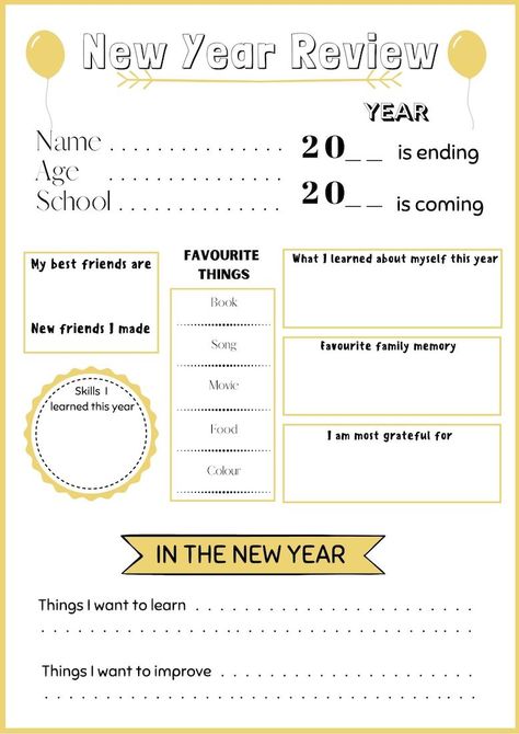 New Year Printables For Kids, New Year Goals For Kids, New Year Resolution Activities, Kids Year In Review, New Years Resolution Kids, Year In Review Printable, Year In Review Template, Year End Reflection, Year Reflection