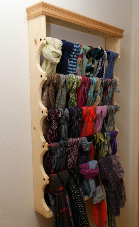 I built this scarf rack for Zoe and it turned her collection into wall art. Bathroom Closet Organization Ideas, Scarf Rack, Scarf Display, Bathroom Closet Organization, Scarf Storage, Closet Organization Ideas, Scarf Organization, Scarf Hanger, Bathroom Closet