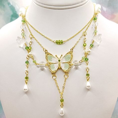 About 13½" + 2½" Extender New. Bridgerton Diy, Fairy Core Necklace, Butterfly Choker Necklace, Ethereal Jewelry, Necklace Fairy, Butterfly Choker, Boho Pendant Necklace, Summer Fairy, Abalone Necklace