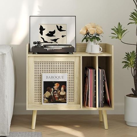 Amazon.com: Semiocthome Record Player Stand with Vinyl Storage, Record Player Table with Rattan Cabinet Door, Vinyl Record Holder with Display Area, Side Table with Solid Wood Legs for Turntables for Living Room : Home & Kitchen Vintage Record Player Stand, Record Player Setup, Vinyl Record Furniture, Record Player Table, Living Arrangements, Rattan Cabinet, Rattan Door, Vinyl Record Holder, Vinyl Record Display