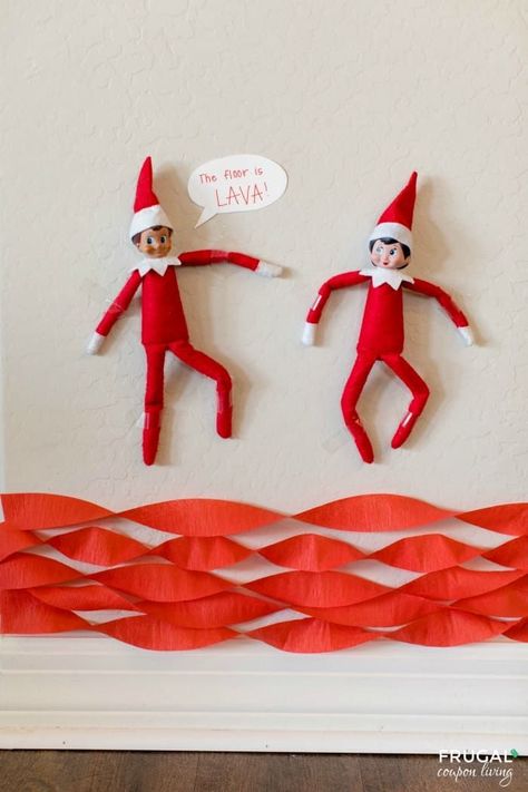 Silly Elf on the Shelf Floor is Lava Game Idea + How to Play The Floor is Lava. This quick and easy Elf idea took 5 minutes using tape and red crepe paper streamers. Over 500 new Elf on a Shelf ideas daily plus free Elf on the Shelf printables for your Scout Elf doll. #FrugalCouponLiving #ElfontheShelf #ElfontheShelfIdeas #ElfIdeas #funnyelfideas #funnyelfontheshelf #elfprintables #freeelfprintables #printables #freeprintables #ElfonaShelf #Floorislava #lava Floor Is Lava Game, Elf On The Shelf Kit, Elf On The Shelf Printables, Elf On A Shelf Ideas, Elf Idea, Elf Printables, Funny Elf On The Shelf, Floor Is Lava, Easy Elf