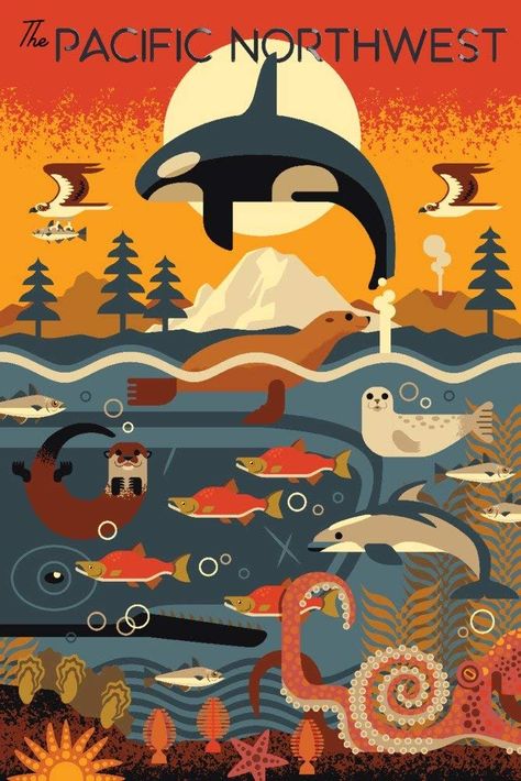 AmazonSmile: Pacific Northwest - Marine Animals - Geometric (9x12 Art Print, Wall Decor Travel Poster): Wall Art