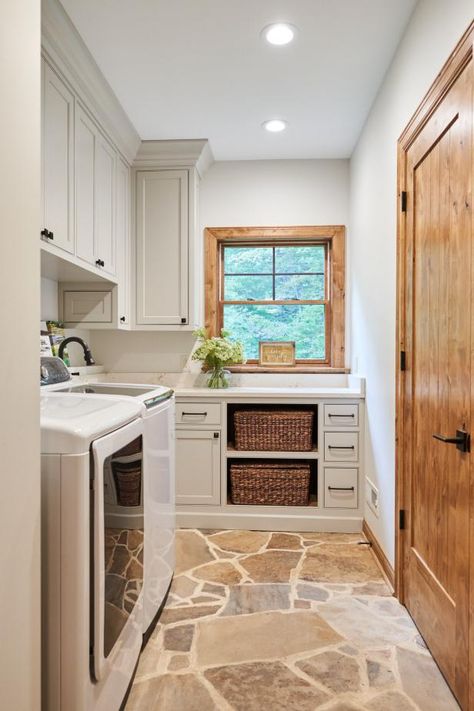 Stone Home Renovation, Rock Floor Kitchen, Laundry Room Stone Floor, Stone Laundry Room Floor, Farmhouse Mudroom Floor, Stone Wall Laundry Room, Mudroom Flooring Ideas Farmhouse Style, Stone Floor Laundry Room, Natural Stone Flooring Kitchen