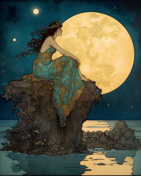 Arte Pin Up, Nouveau Illustration, Arte Grunge, Painting Of A Woman, Art Nouveau Illustration, Woman Sitting, Fairytale Art, Ethereal Art, Moon Art