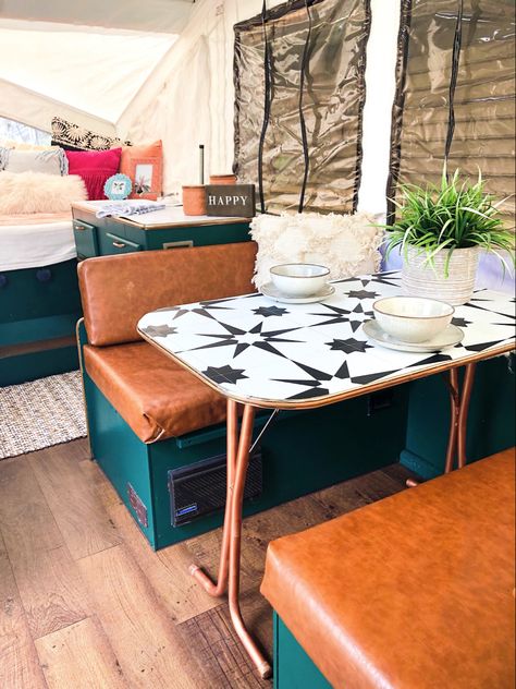 Orange Camper Interior, Boho Pop Up Camper, Popup Remodel, Trailer Bedroom, Small Travel Trailer Remodel, Pop Up Camper Remodel, Tent Trailer Remodel, Small Travel Trailer, Trailer Makeover