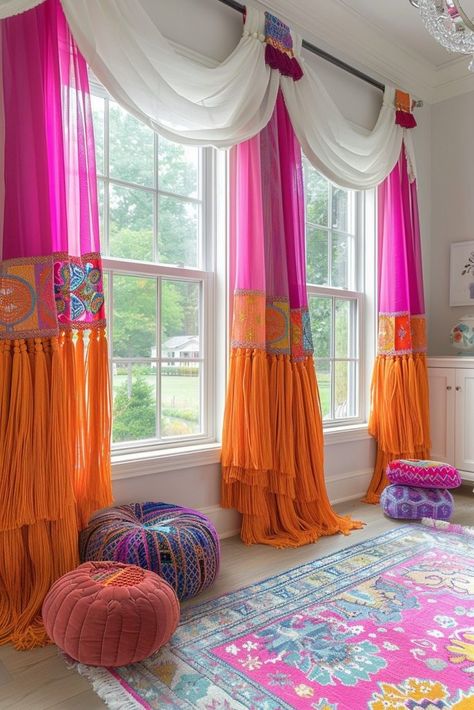 29 Boho Window Treatments for a Stylish Home 2 Colorful Boho Chic Living Room, Boho Window Treatments, Creative Decoration Ideas, Cortina Boho, Lace Window Treatments, Bright Curtains, Boho Window, Window Treatments Ideas, Curtain Modern