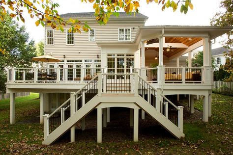 2nd Floor Deck Ideas, Deck Stairs Landing, Beach Exterior, Traditional Exterior Homes, Chantilly Virginia, Stair Slide, Wood Decks, Second Story Deck, Residential Exterior