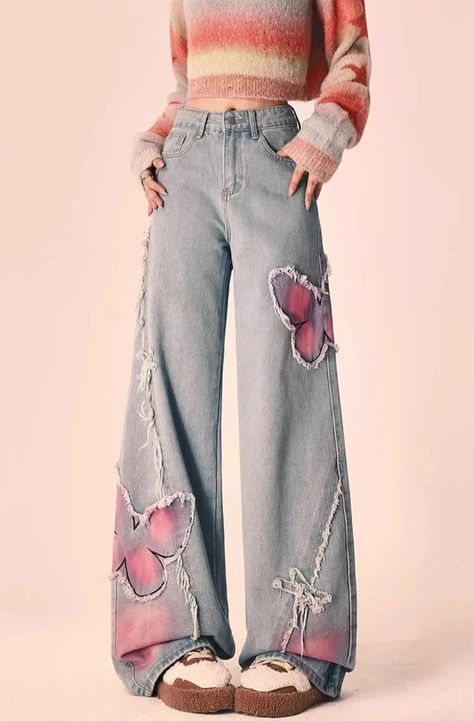 Rock these Distressed Pink Butterfly Jeans 🦋 and make a statement with their unique distressed design. These cute and pretty jeans feature edgy pink butterfly designs that will surely turn heads. Be bold and playful with your fashion choice! Size Chart: Size Waist (cm) Hip (cm) Length (cm) Waist (in) Hip (in) Length (in) S 63 94 100 24.80 37.01 39.37 M 67 98 101 26.38 38.58 39.76 L 71 102 102 27.95 40.16 40.16 XL 75 106 103 29.53 41.73 40.55 Description: Item Type: JeansJeans Style: High Waist Wide Leg PantsClosure Type: Zipper FlyMaterial: Cotton/LinenElasticity: Slight StretchLength: Full LengthFit Type: LooseDecoration: EmbroideryOrigin: CN Thickness: Regular Y2k Embroidery, Raw Edge Jeans, Pretty Jeans, 2000s Clothes, Pants Streetwear, Denim Decor, Retro Jeans, Streetwear Jeans, Jeans Fabric