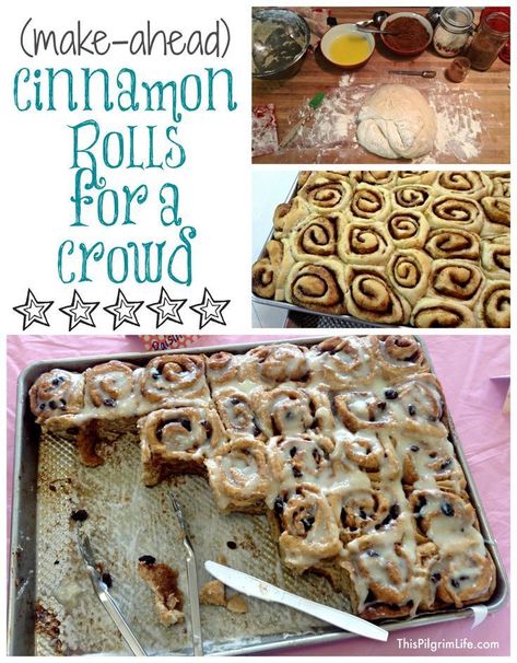 (Make-Ahead) Cinnamon Rolls for a Crowd | A recipe to feed a lot of hungry people homemade cinnamon rolls for breakfast or snack or dessert! #cinnamonrolls #dessert #breakfast #foracrowd #baking #recipe #thispilgrimlife Cinnamon Rolls For A Crowd, Rolls For A Crowd, Brunch Ideas For A Crowd, Camping Food Make Ahead, Breakfast For A Crowd, Dessert Simple, Make Ahead Desserts, Weight Watchers Desserts, Cooking For A Crowd