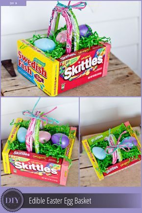 Make an Easter basket from boxes of candy! This is such a cool way to give an Easter gift! #easter #candy #easterbasket #eastergift #eastercandy #eastercandybasket #ediblegifts Edible Easter Basket, Unique Easter Baskets, Easter Baskets To Make, Candy Easter Basket, Diy Edible, Easter Egg Basket, Easter Goodies, Unique Easter, Easter Basket Diy