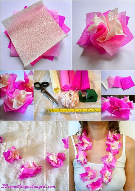 DIY: How to make paper Hawaii lei, necklace Flower Necklace Diy, Hawaii Costume, Hawai Party, Hawaii Crafts, Hawaii Lei, Hawaiian Costume, Hawaii Necklace, Hawaiian Necklace, Hawaiian Lei