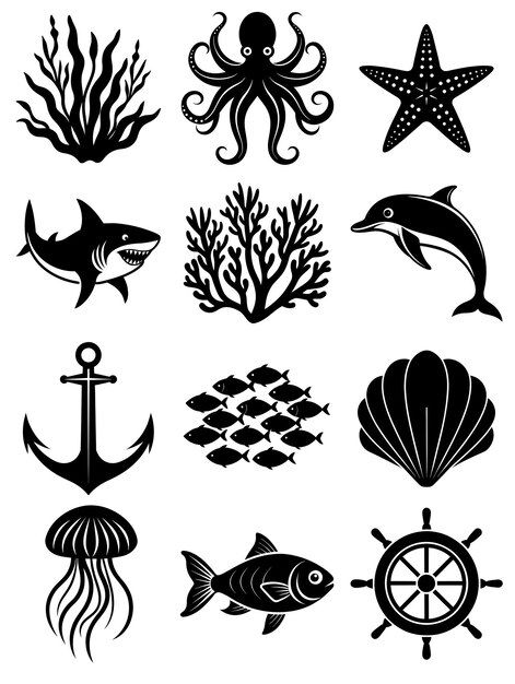 Vector silhouette linocut vector image a... | Premium Vector #Freepik #vector Gurita Vector, Seashell Silhouette, Sealife Drawing, Octopus Silhouette, Starfish Art, Dolphin Fish, Fish Silhouette, Summer Illustration, Vector Silhouette