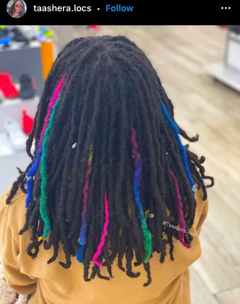 Rainbow Locs Black Women, Multi Colored Locs, Rainbow Locs, Loc Dye Ideas, Loc Dye, Dyed Dreadlocks, Loc Color Ideas, Colorful Dreads, Dreads Black Women