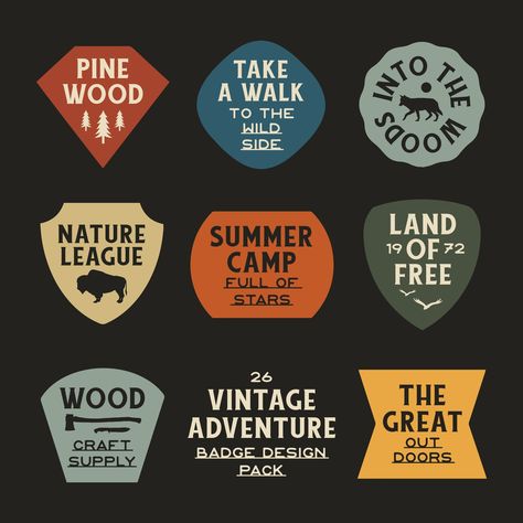 Vintage Adventure Badge Design Pack - Payhip Camping Logo Design Graphics, Camping Branding, Vintage Sticker Design, Outdoors Branding, Outdoors Logo Design, Adventure Logo Design, Camping Logo, Vintage Adventure, Camp Logo