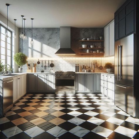 Black and White Kitchen Black White Tiles Kitchen, Kitchen With Black And White Floor, Kitchen Black And White Tiles, Black And White Marble Floor Kitchen, Kitchen With Black And White Tile Floor, Black And White Tile Kitchen Floor, Black And White Floor Kitchen, Black And White Kitchen Tile, Black And White Kitchen Tiles