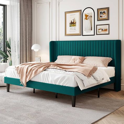 Amazon.com: SHA CERLIN King Size Velvet Bed Frame with Vertical Channel Tufted Wingback Headboard, Upholstered Platform Bed with Wood Slats, No Box Spring Needed, Easy Assembly, Teal : Home & Kitchen Teal Furniture, Platform Bed Frame Full, Velvet Bed Frame, Headboard Upholstered, Full Size Bed Frame, King Size Bed Frame, Wingback Headboard, Queen Size Bed Frames, Velvet Bed