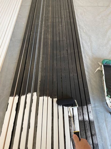 DIY Wood Slat Wall - Jenna Sue Design Diy Black Slat Wall, Slat Wall Color Ideas, Painted Slat Wall, Slat Wall Entryway, Hallway Ceiling Design, Wood Slat Wall Entryway, Wood Slat Fireplace Wall, Wall Slats Decor, Black Slat Wall