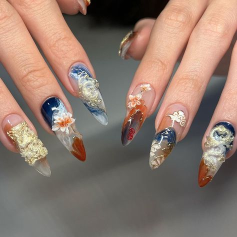 Year of the dragon 🐉 国画(national painting) and tea ceramics inspired nails #apresgelx #handpaintednailart #gelxnails #gelnailsdesign… | Instagram Gel X Nails, X Nails, Dragon Nails, Asian Nails, Fantasy Nails, Vintage Nails, 2024 Year, Inspired Nails, Blush Nails