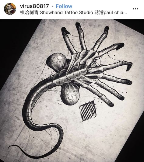 Alien Face Hugger Alien Tattoo Xenomorph, Tattoo Alien, Predator Tattoo, Face Hugger, Evil Skull Tattoo, Predator Alien Art, Alien Drawings, Movie Tattoo, Alien Face