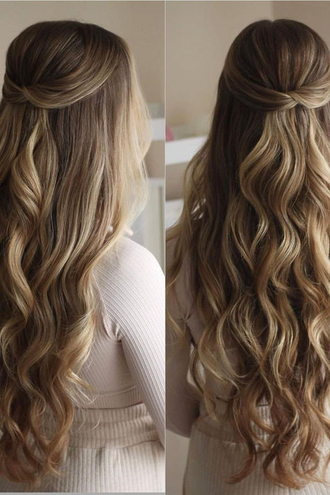 Cascading sandy blonde waves meet a chic half-up twist, showcasing a blend of highlights and lowlights for a dimensional, multi-tonal look. // Photo Credit: Instagram @bridal_hairstylist Curled Wedding Hair, Half Down Prom Hairstyles, Cascading Curls, Down Prom Hairstyles, Bridesmaid Hair Inspo, Half Up Curls, Hairstyles For All Hair Types, Bridemaids Hairstyles, Loose Curls Hairstyles