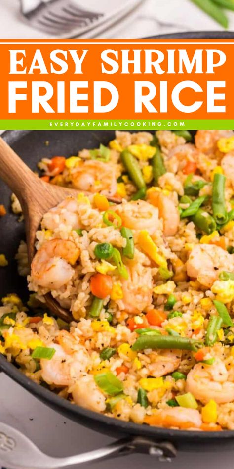 Easy shrimp fried rice is the perfect way to use up leftover rice. Add shrimp, eggs, frozen veggies, sesame oil, soy sauce, and a few other ingredients for a flavor-packed dinner ready in less than 30 minutes! Easy Shrimp Fried Rice Recipe, Quick Family Dinners, Easy Recipes For Beginners, Shrimp Fried Rice, Easy Shrimp, Cooking For Beginners, Frozen Veggies, Easy Family Dinners, Family Cooking