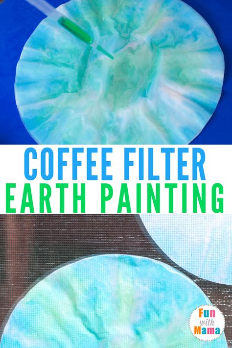 Earth Day Crafts - Coffee Filter Earth Paintings Earth Day Coffee Filter Craft, Earth Day Prek Craft, Coffee Filter Earth Craft, Earth Science Preschool, Earth Day Crafts Preschool, Earth Day Science Experiments, Earth Day Activities Elementary, Earth Day Crafts For Preschoolers, Stem Night Activities