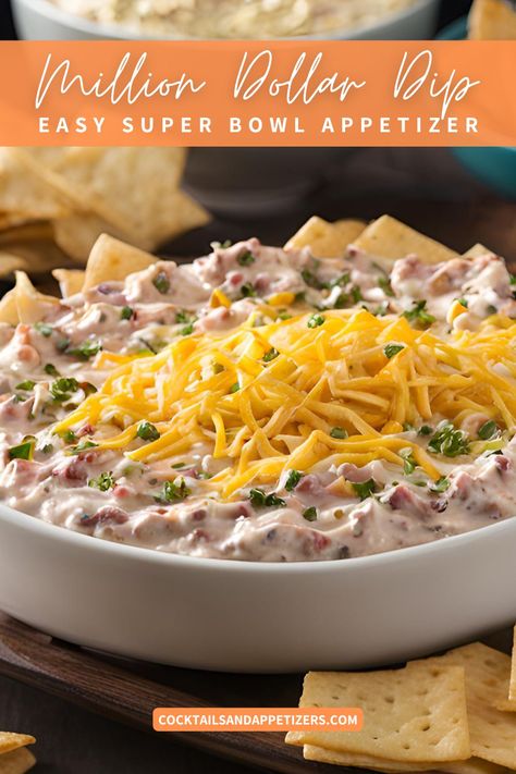 This easy to make million dollar crack dip recipe is one of the most popular dip recipes! Full of  creamy cheesey flavor, this crack dip goes great with crackers, veggies, and more. Perfect for game day parties, easy Super Bowl party food, March Madness dip snack or anytime you want a fast and easy crack dip recipe. Cold Dips For Crackers, Chip Dips Recipes, Appetizer Recipes Dip, Easy Cold Dip Recipes, Easy Super Bowl Party Food, Superbowl Party Food Easy, Dip For Crackers, Million Dollar Dip Recipe, Easy Chip Dip